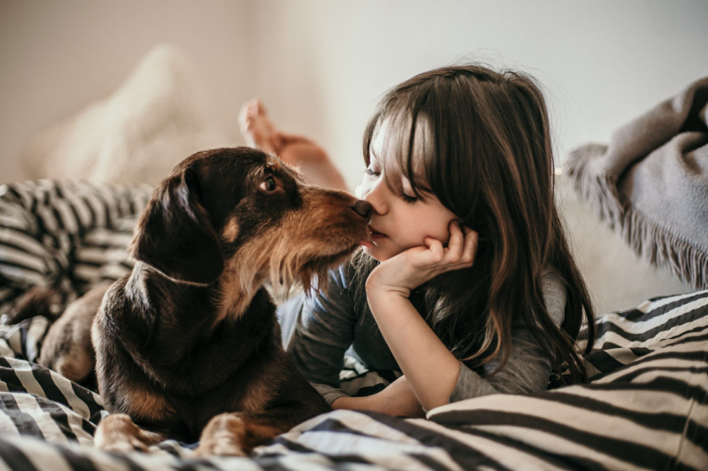 bimba con cagnetto sul letto